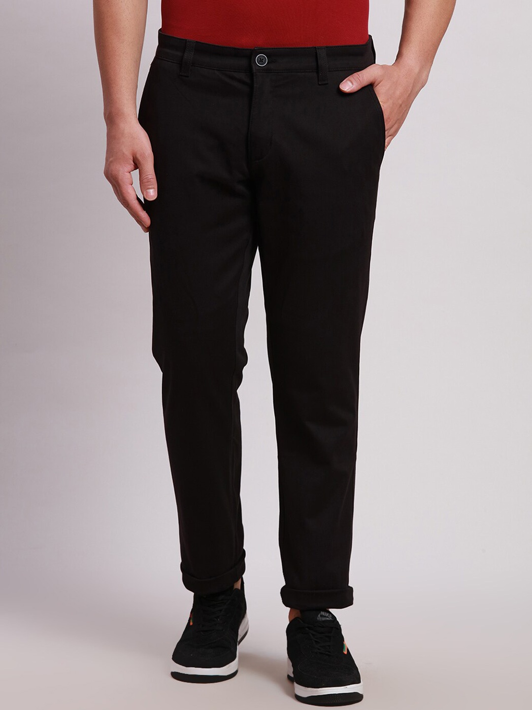 

Parx Men Tapered Fit Mid-Rise Trousers, Black