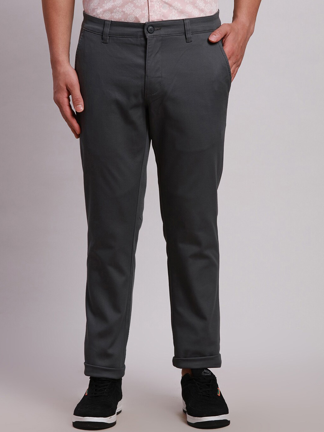 

Parx Men Tapered Fit Low-Rise Trousers, Grey