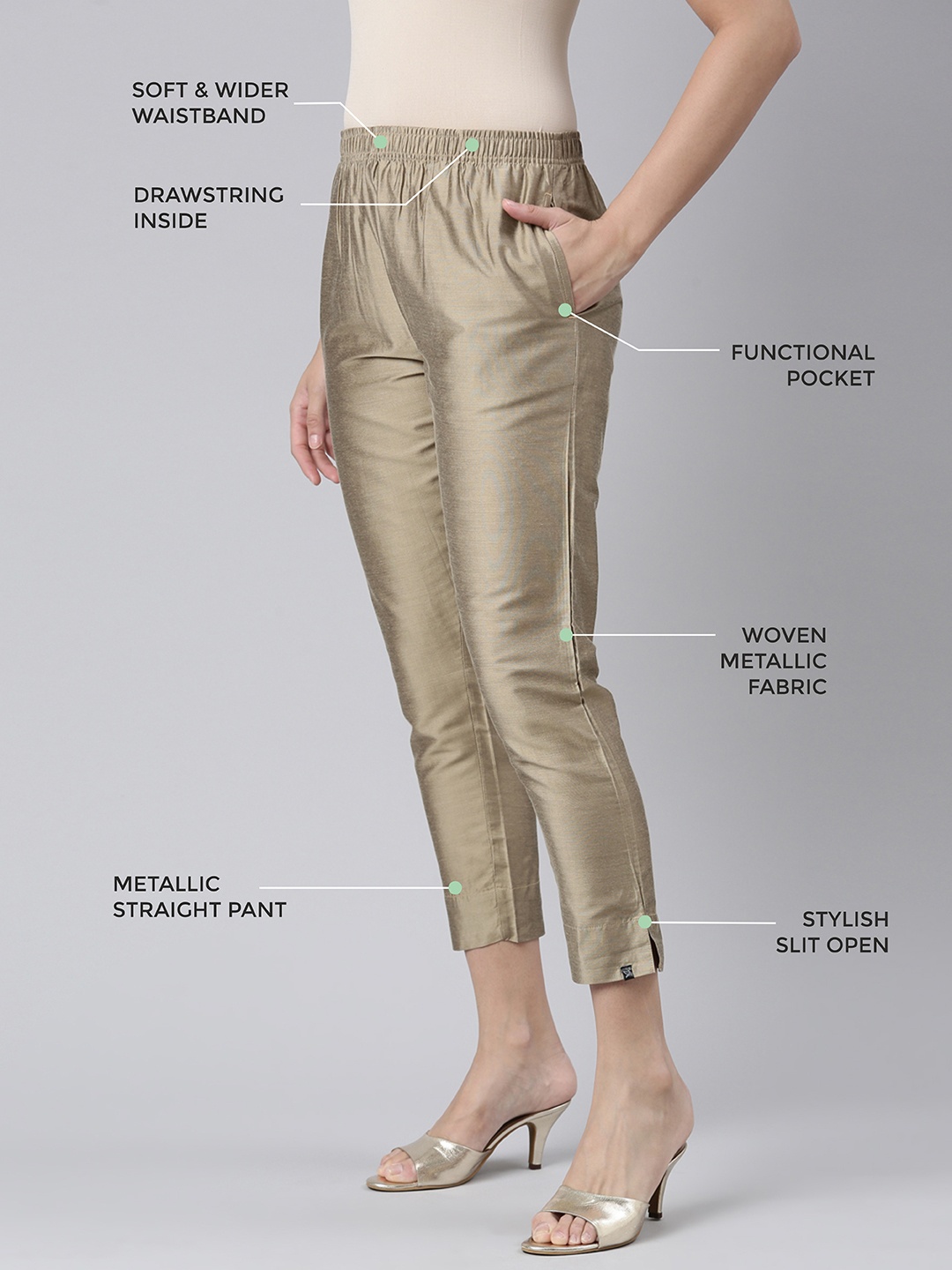 

TWIN BIRDS Women Mid-Rise Shimmer Solid Functional Pockets Straight Trousers, Beige