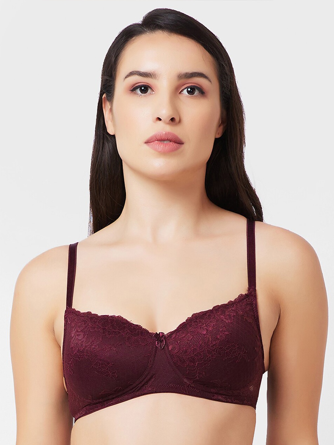 

Candyskin Floral Lace Medium Coverage Lightly Padded All Day Comfort Nylon Everyday Bra, Burgundy