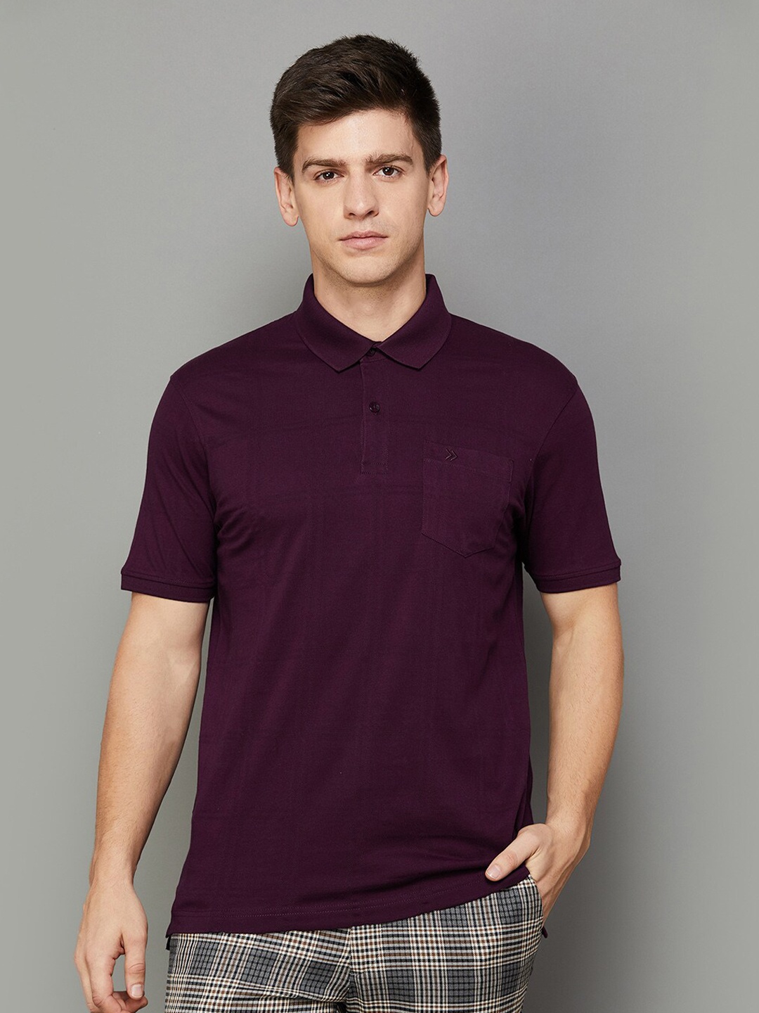 

CODE by Lifestyle Checked Polo Collar Cotton Slim Fit T-shirt, Purple