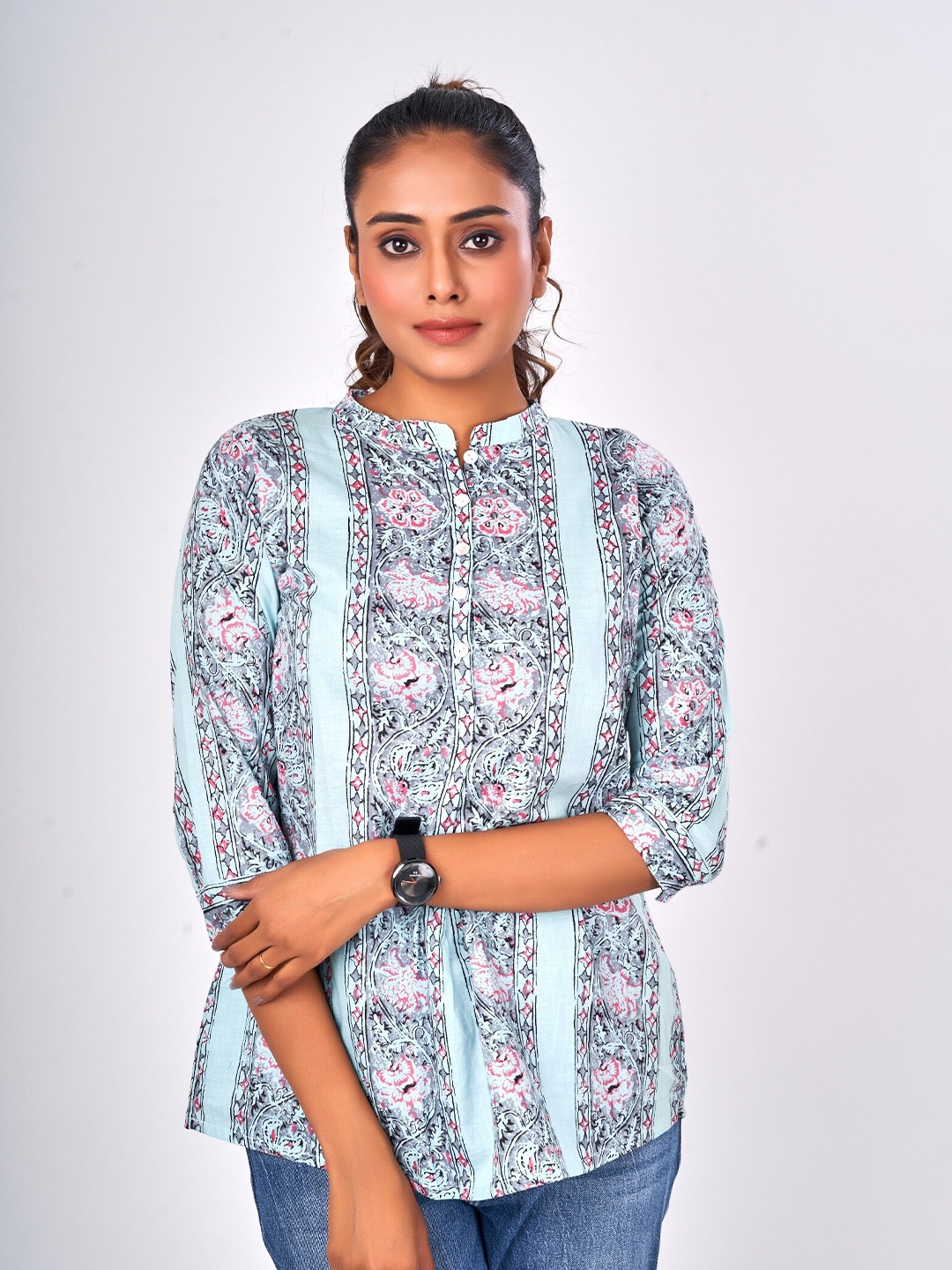 

NAYRA Ethnic Motifs Printed Mandarin Collar Tunic, Blue