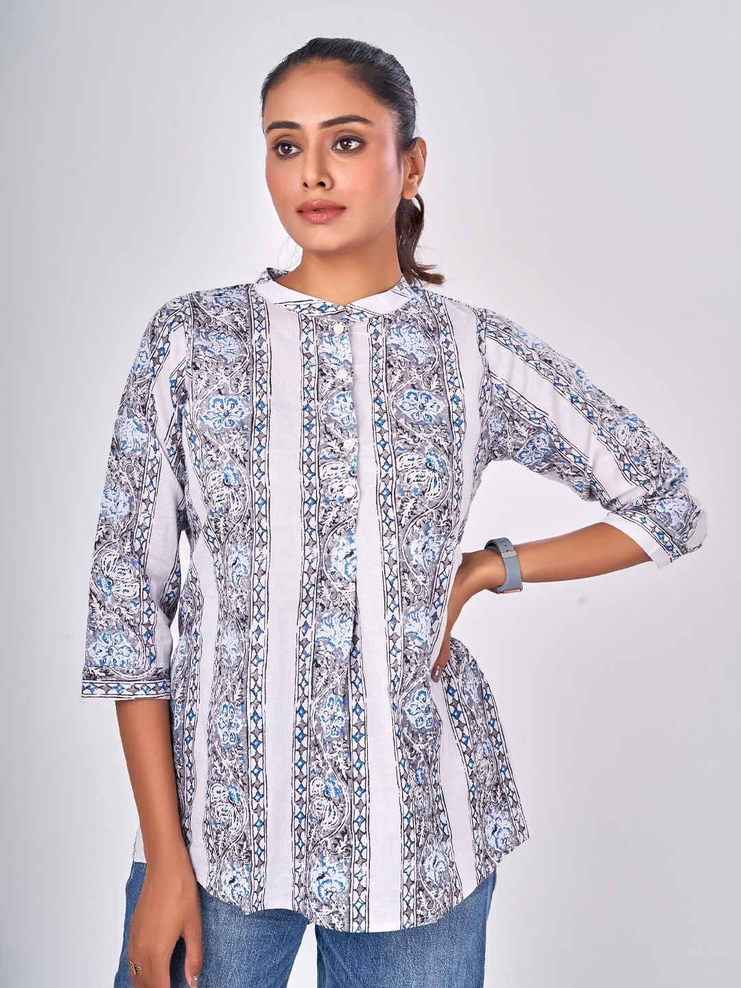 

NAYRA Floral Printed Mandarin Collar Gathered Regular Top, Off white