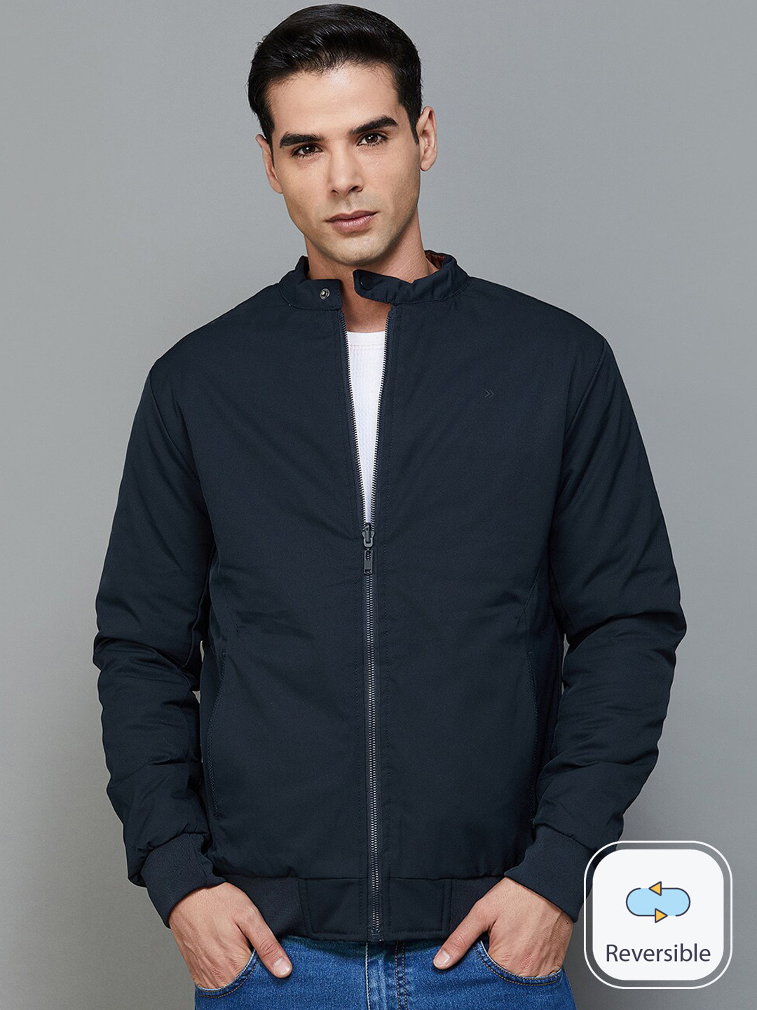 

CODE by Lifestyle Mandarin Collar Long Sleeve Zip Detail Reverisible Bomber Jacket, Blue