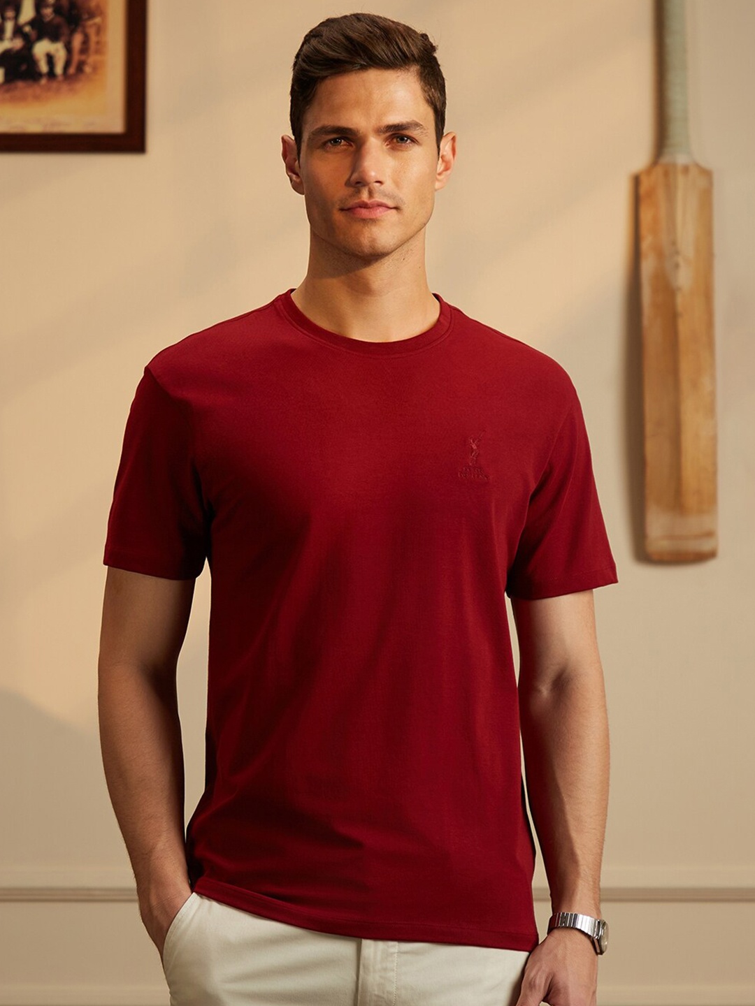 

Peter England Casuals Men Maroon Cricket Inspired Cotton Round Neck T-Shirt