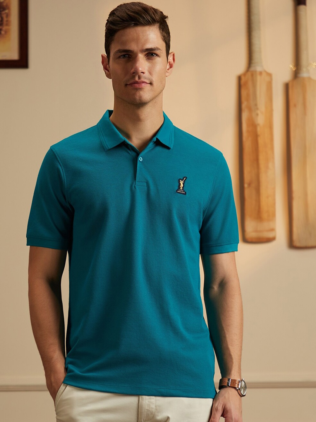 

Peter England Casuals Polo Collar Cricket Inspired Pure Cotton T-shirt, Blue