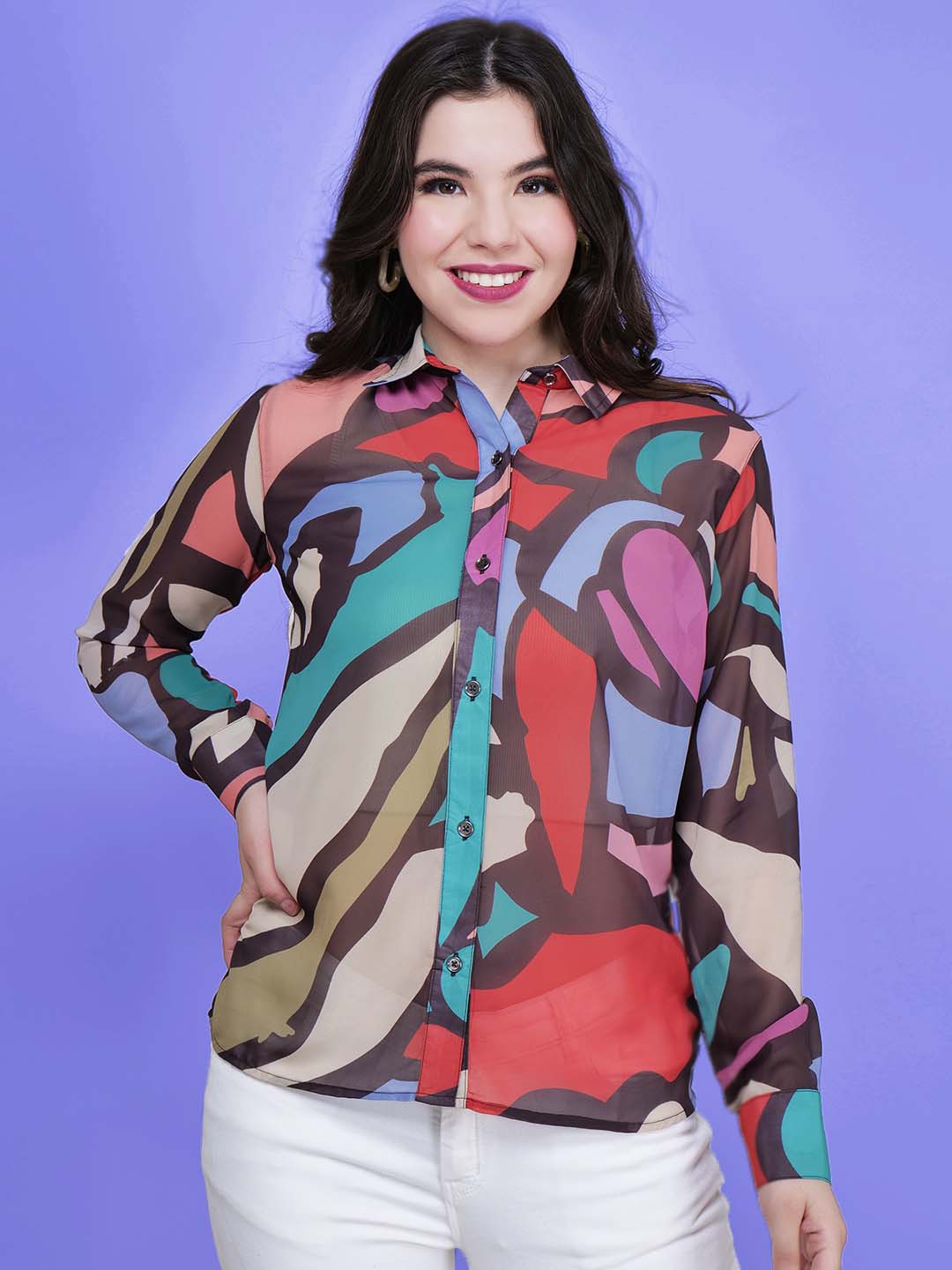 

CHARMGAL Classic Abstract Printed Spread Collar Long Sleeves Casual Shirt, Brown