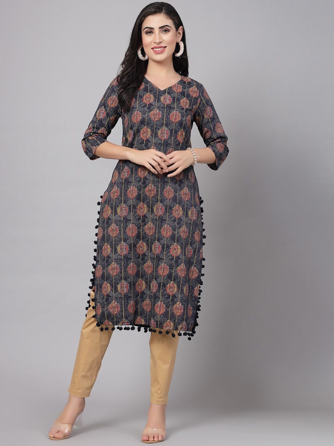 

kipek Ethnic Motifs Printed V-Neck Straight Kurta, Navy blue