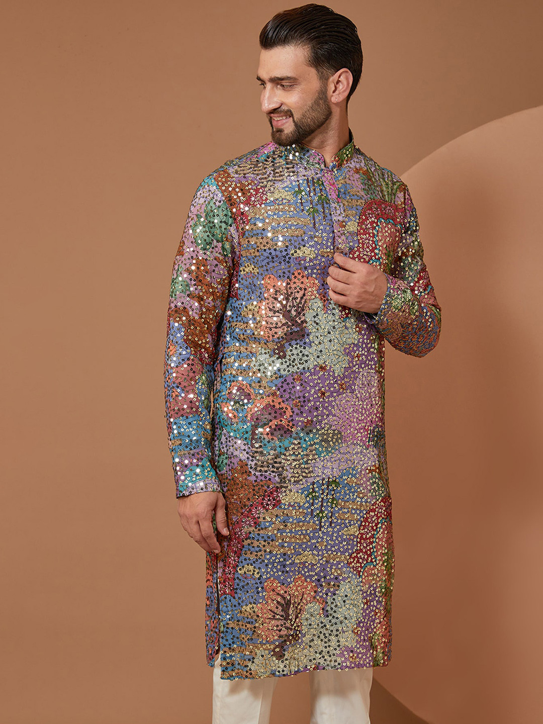 

KASBAH CLOTHING NISHCHAIY SAJDEH Floral Printed Sequinned Georgette Straight Kurta, Purple