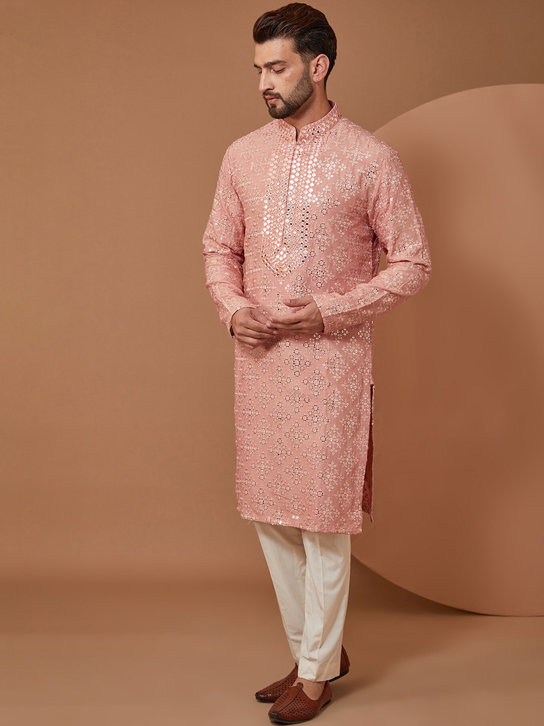 

KASBAH CLOTHING NISHCHAIY SAJDEH Ethnic Motifs Embroidered Mirror Work Kurta, Peach