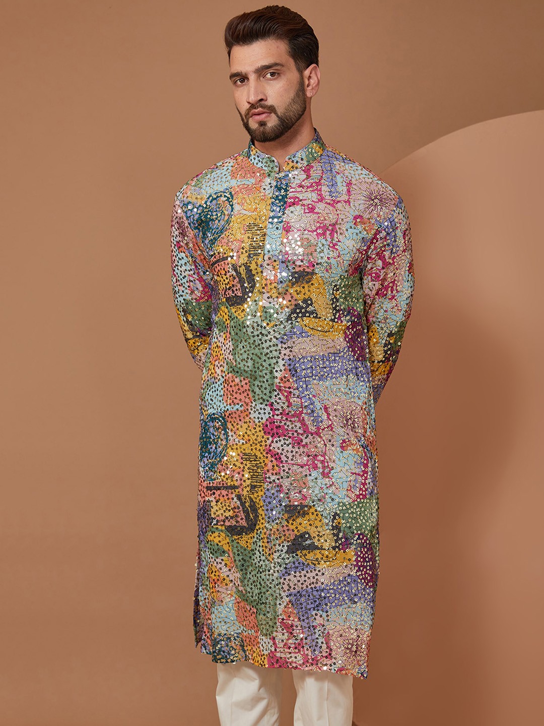 

KASBAH CLOTHING NISHCHAIY SAJDEH Floral Printed Sequinned Georgette Straight Kurta, Blue