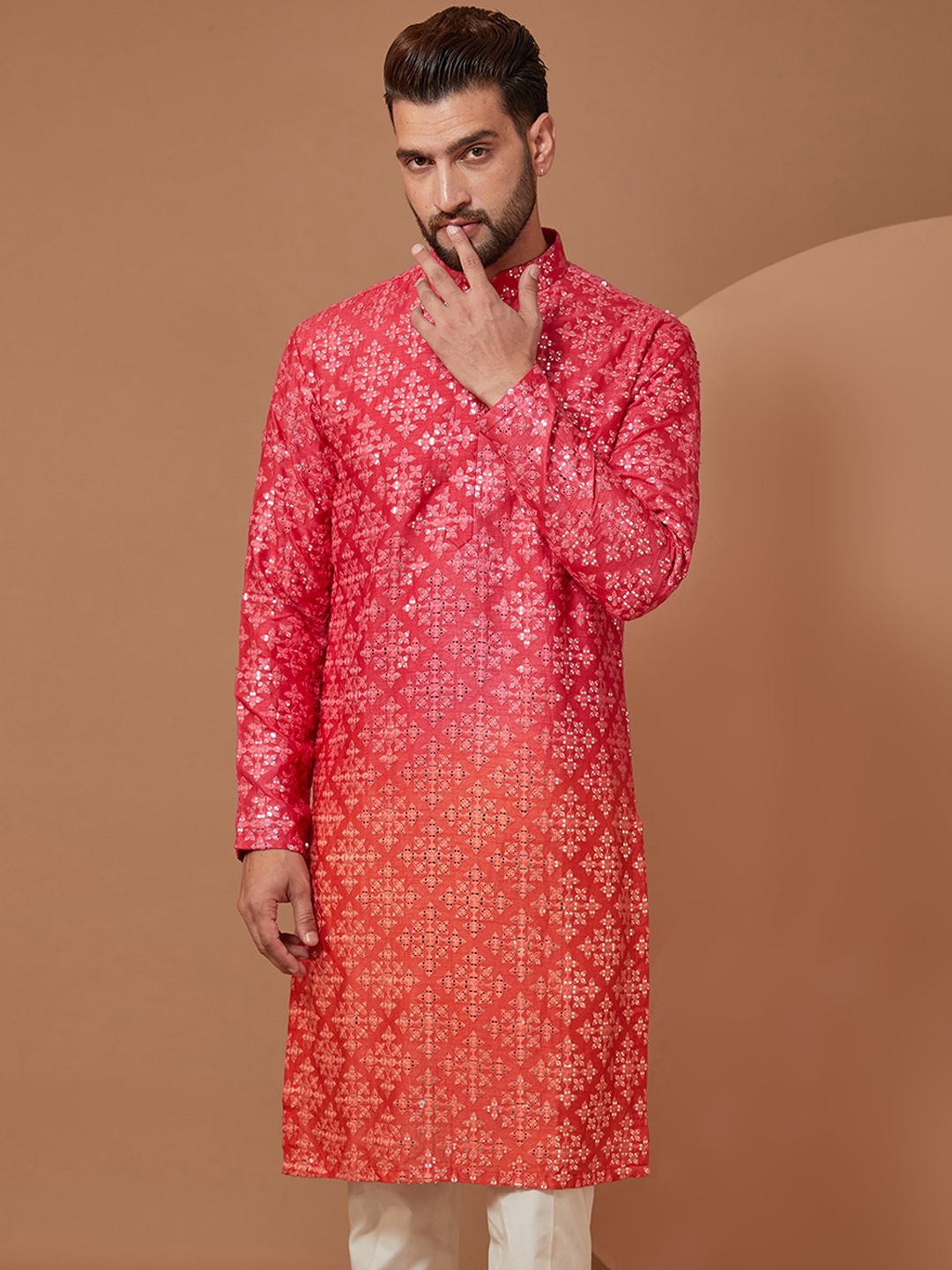 KASBAH CLOTHING NISHCHAIY SAJDEH Floral Embroidered Mirror Work Silk Kurta, Pink