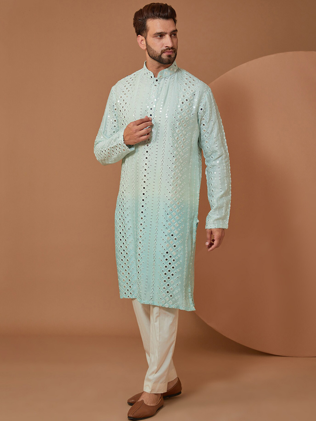 

KASBAH CLOTHING NISHCHAIY SAJDEH Geometric Embroidered Mirror Work Silk Kurta, Blue