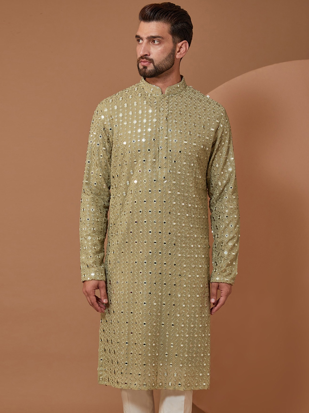 

KASBAH CLOTHING NISHCHAIY SAJDEH Ethnic Motifs Embroidered Mirror Work Kurta, Green