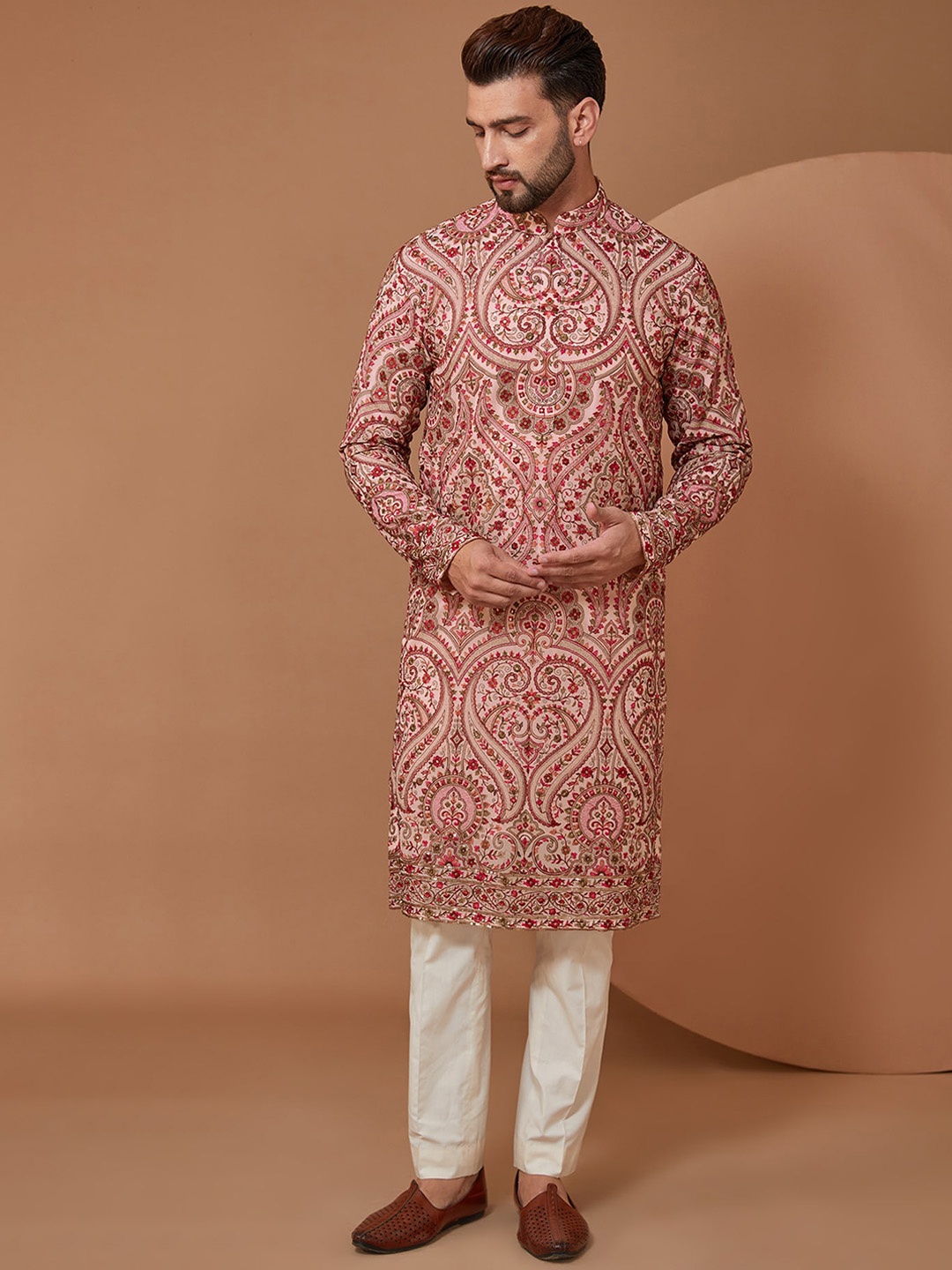 

KASBAH CLOTHING NISHCHAIY SAJDEH Paisley Embroidered Sequins Straight Kurta, Pink