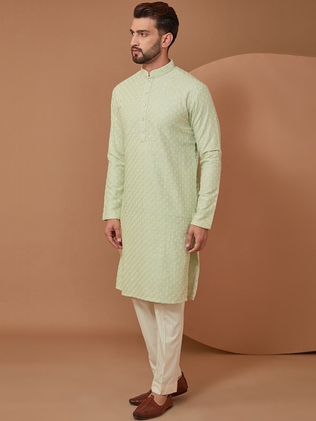 

KASBAH CLOTHING NISHCHAIY SAJDEH Ethnic Motifs Embroidered Sequins Silk Straight Kurta, Green