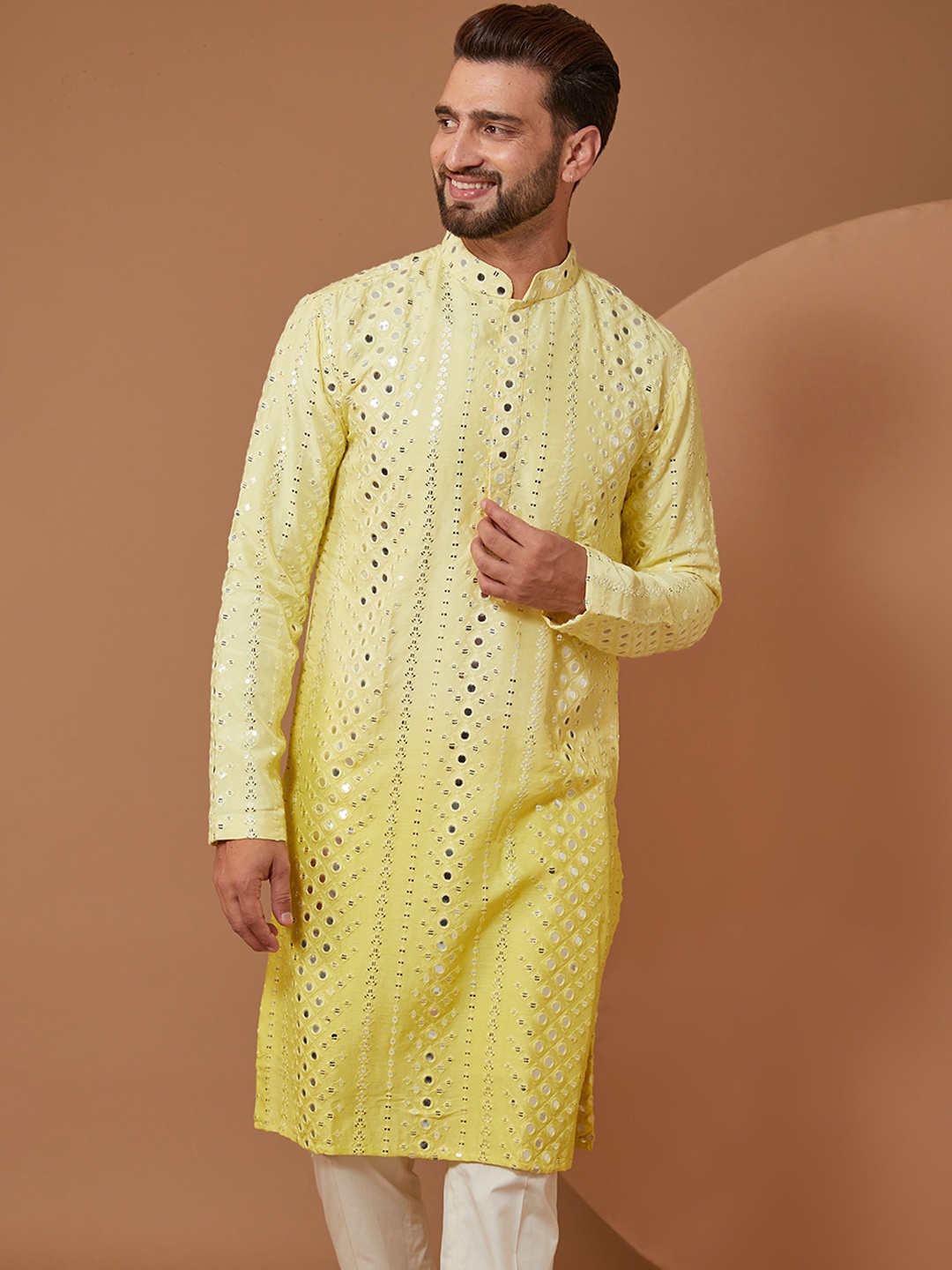 

KASBAH CLOTHING NISHCHAIY SAJDEH Geometric Embroidered Mirror Work Silk Straight Kurta, Yellow
