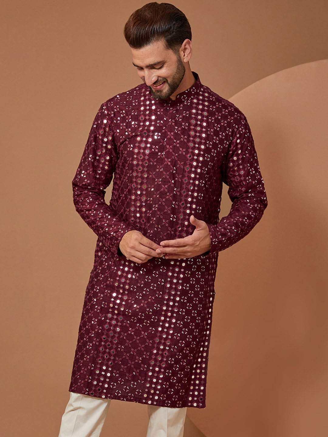 

KASBAH CLOTHING NISHCHAIY SAJDEH Geometric Embroidered Mirror Work Silk A-Line Kurta, Maroon