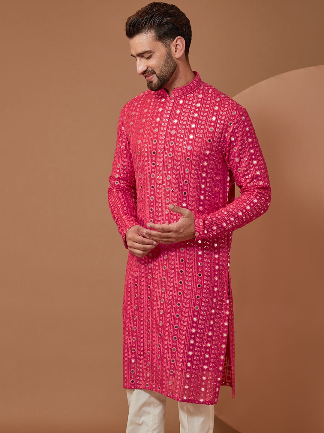 

KASBAH CLOTHING NISHCHAIY SAJDEH Geometric Embroidered Mirror Work Straight Kurta, Pink