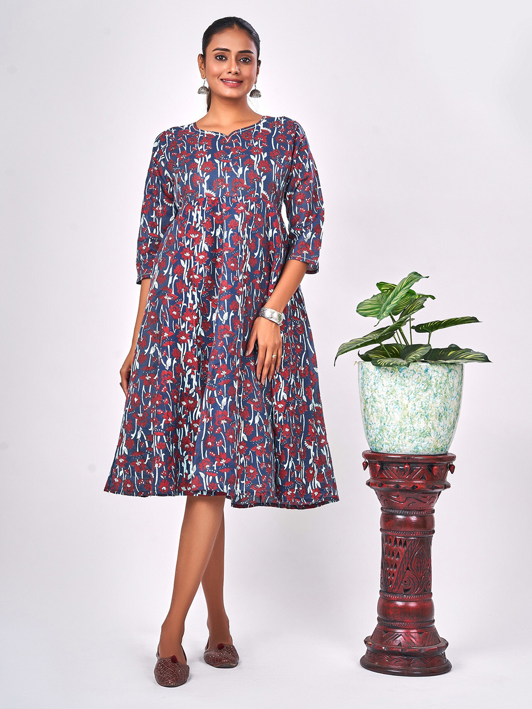 

NAYRA Floral Printed V-Neck Silk A-Line Ethnic Midi Dress, Blue