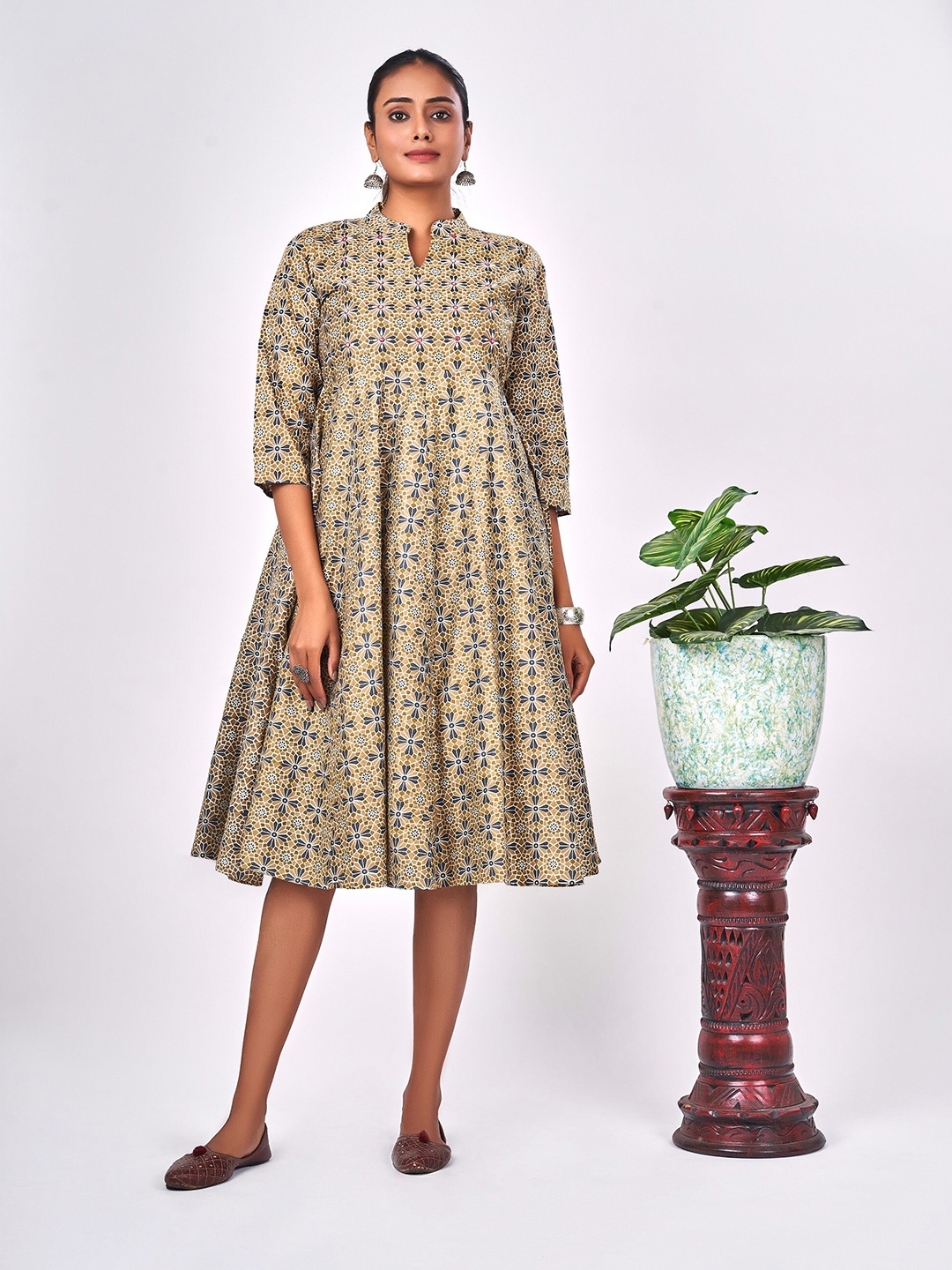 

NAYRA Floral Printed Mandarin Collar Mirror Work Detail Silk A-Line Ethnic Midi Dress, Beige