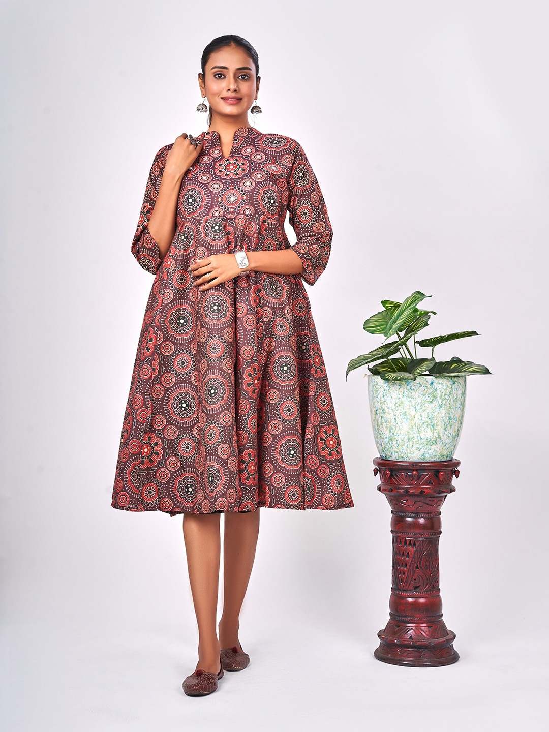 

NAYRA Ethnic Motifs Printed Mandarin Collar Silk A-Line Ethnic Midi Dress, Brown