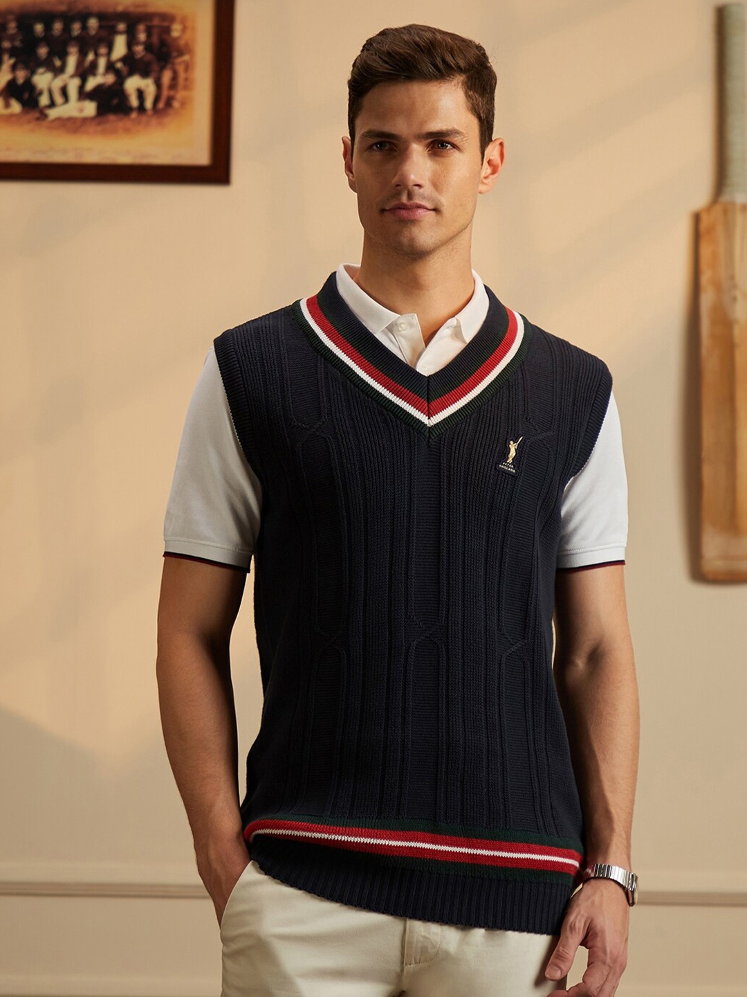 

Peter England Casuals Ribbed Cricket Inspired Pure Cotton Sweater Vest, Black
