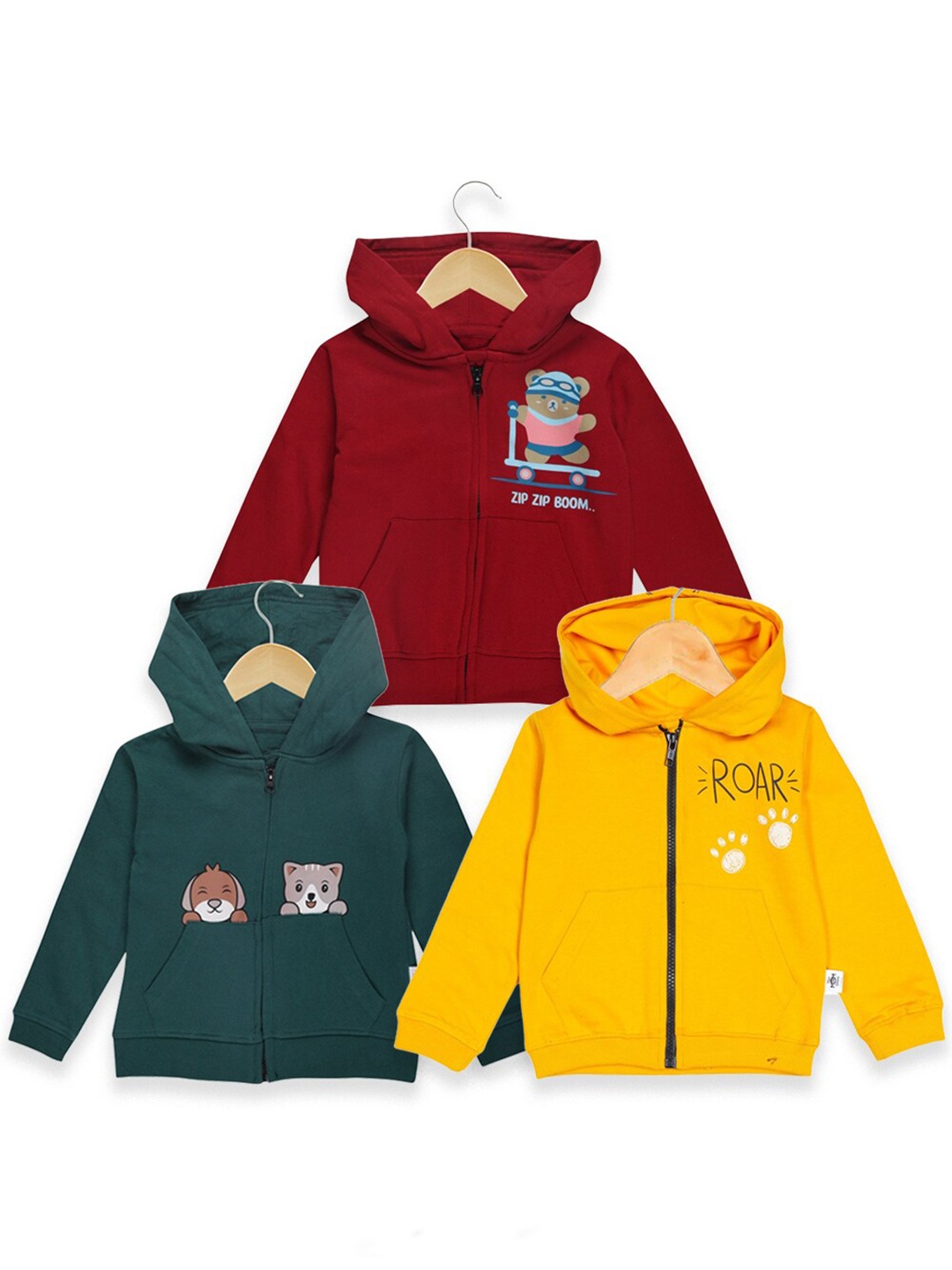 

The Mom Store Kids Pack Of 3 Graphic Printed Hooded Pure Cotton Front-Open Sweatshirts, Maroon