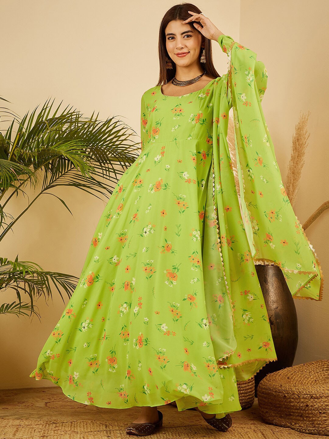 

BLACK SCISSOR Floral Printed Georgette Fit & Flared Maxi Dress With Dupatta, Green