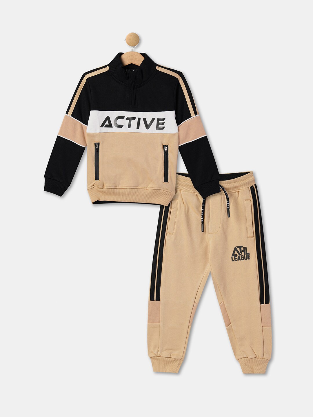 

R&B Boys Colourblocked Mock Collar Pure Cotton Sweatshirt with Joggers, Beige