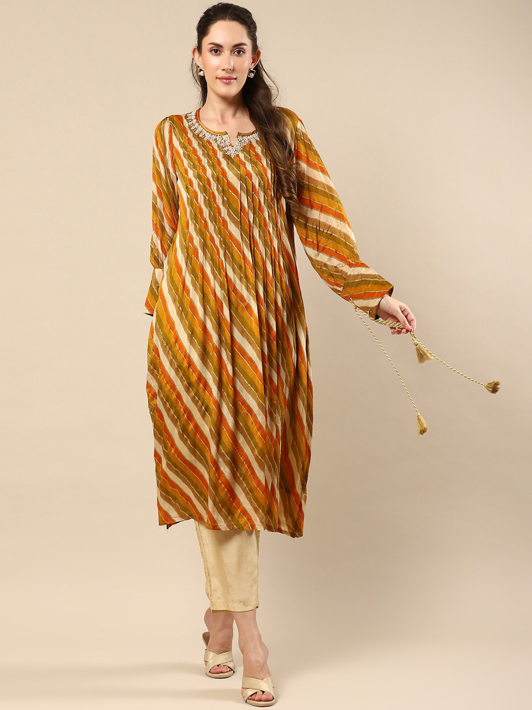 

NH KAPDEWALA Striped Printed Beads and Stones Long Sleeves Regular Kurta With Trouser, Yellow
