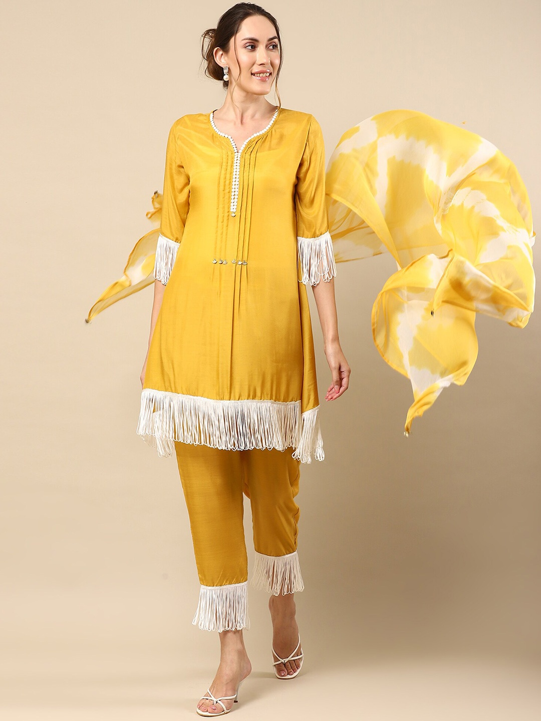 

NH KAPDEWALA A-Line Kurta & Trousers With Dupatta, Yellow