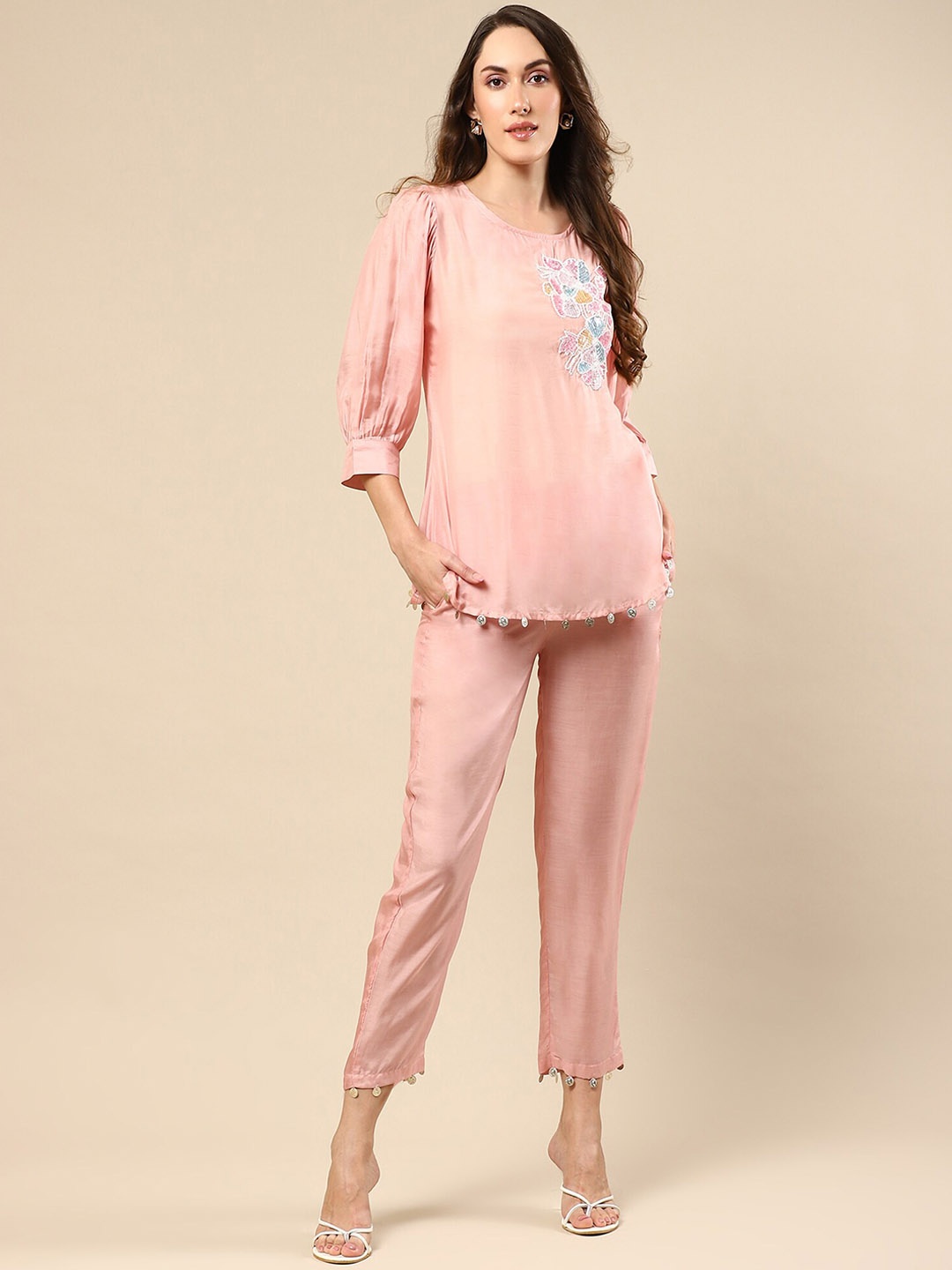

NH KAPDEWALA Floral Embroidered Tunic & Trousers, Pink