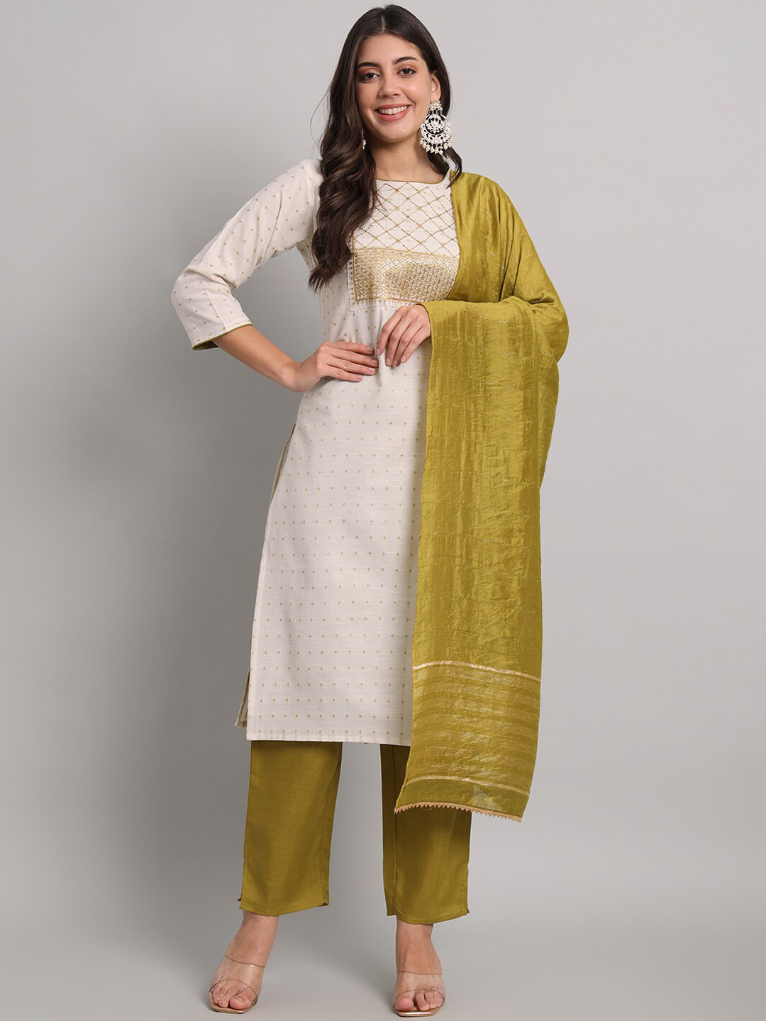 

Anouk Cream-Coloured Ethnic Motifs Yoke Design Pure Cotton Kurta & Trouser With Dupatta