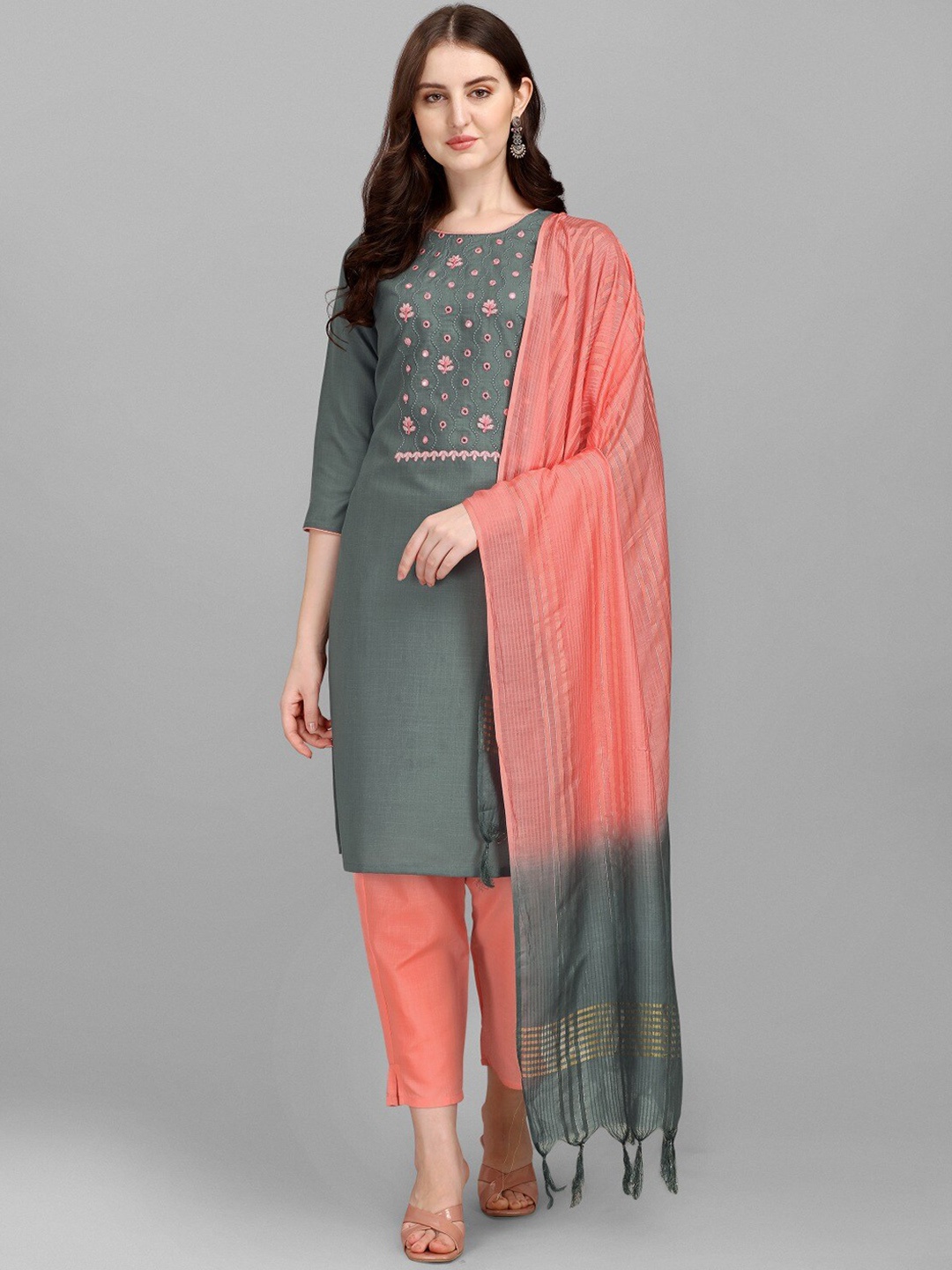 

Anouk Grey Floral Yoke Design Mirror Work Straight Kurta with Trouser & Dupatta