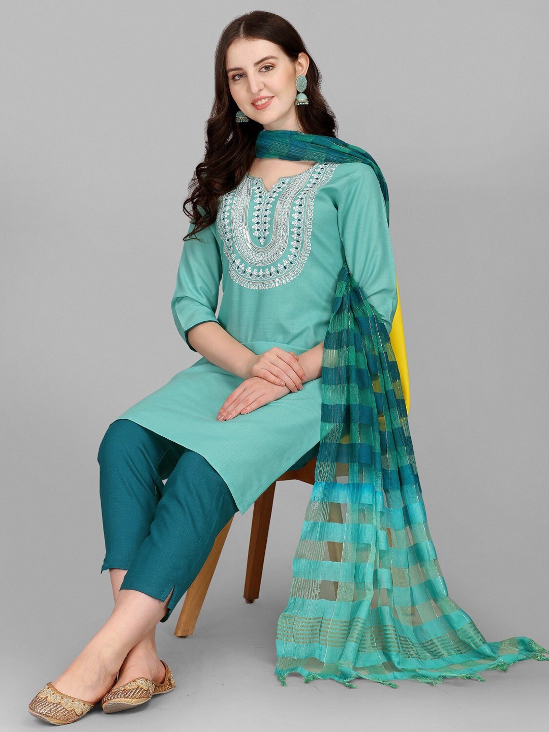 

Anouk Ethnic Motifs Yoke Design Regular Thread Work Kurta With Trousers & Dupatta, Sea green