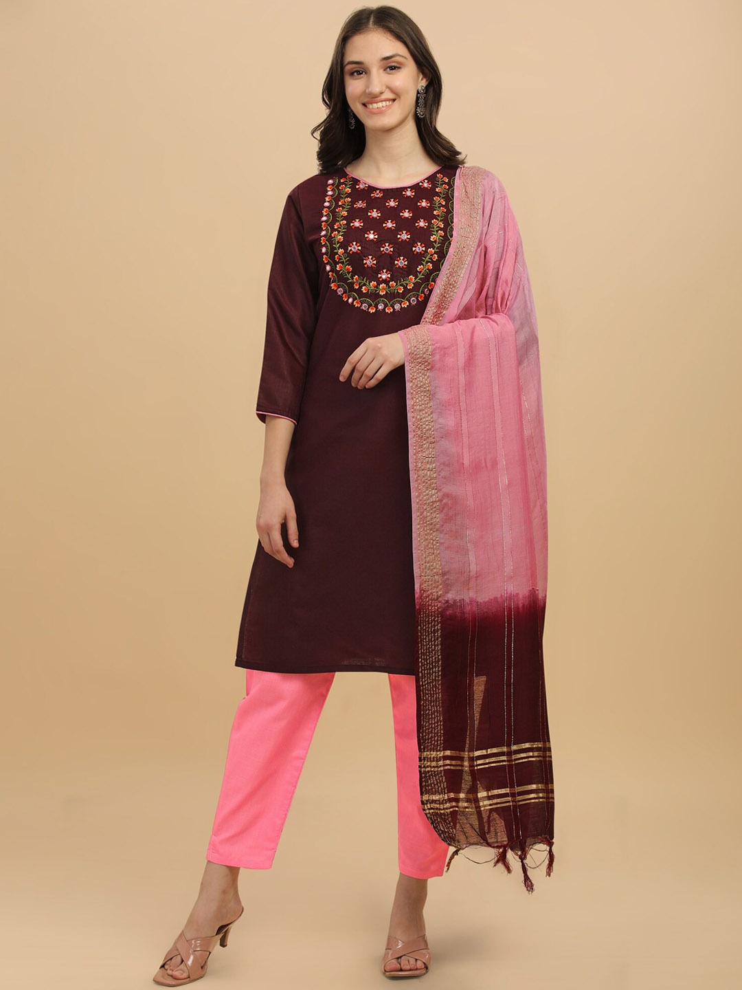 

Anouk Burgundy Floral Yoke Design Mirror Work Straight Kurta with Trouser & Dupatta