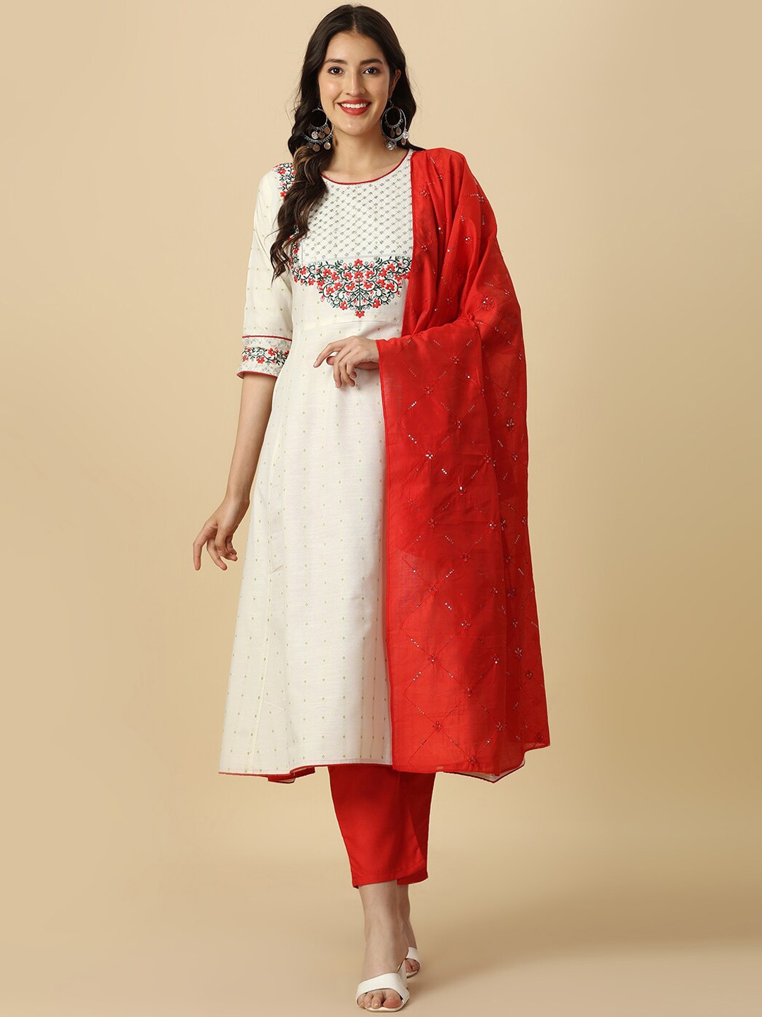 

Anouk Floral Embroidered Pure Cotton A-line Kurta With Trousers & Dupatta, White