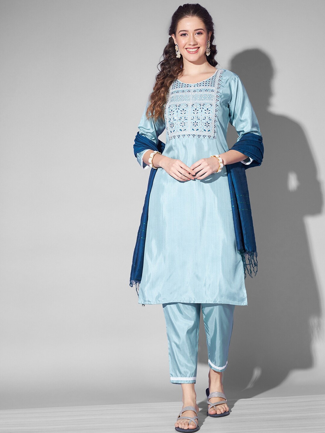 

Anouk Floral Yoke Design Regular Thread Work Pure Silk Kurta With Trousers & Dupatta, Blue