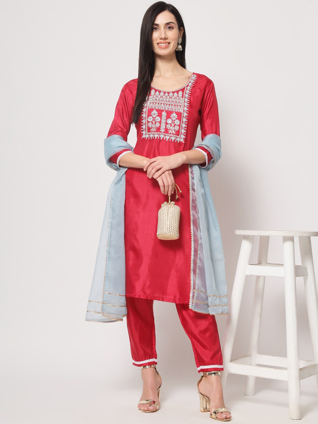 

Anouk Floral Yoke Design Regular Pure Silk Kurta With Trousers & Dupatta, Pink