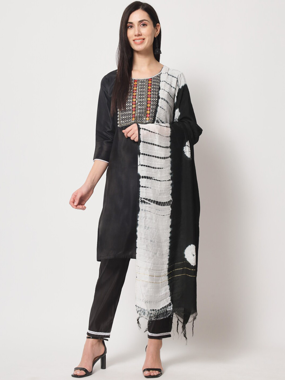 

Anouk Black Floral Yoke Design Thread Work Pure Silk Straight Kurta with Trouser & Dupatta