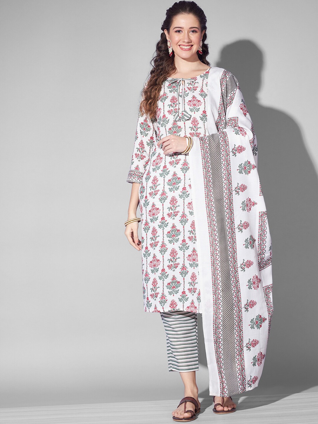 

Anouk Floral Printed Pure Cotton Kurta With Trousers & Dupatta, White