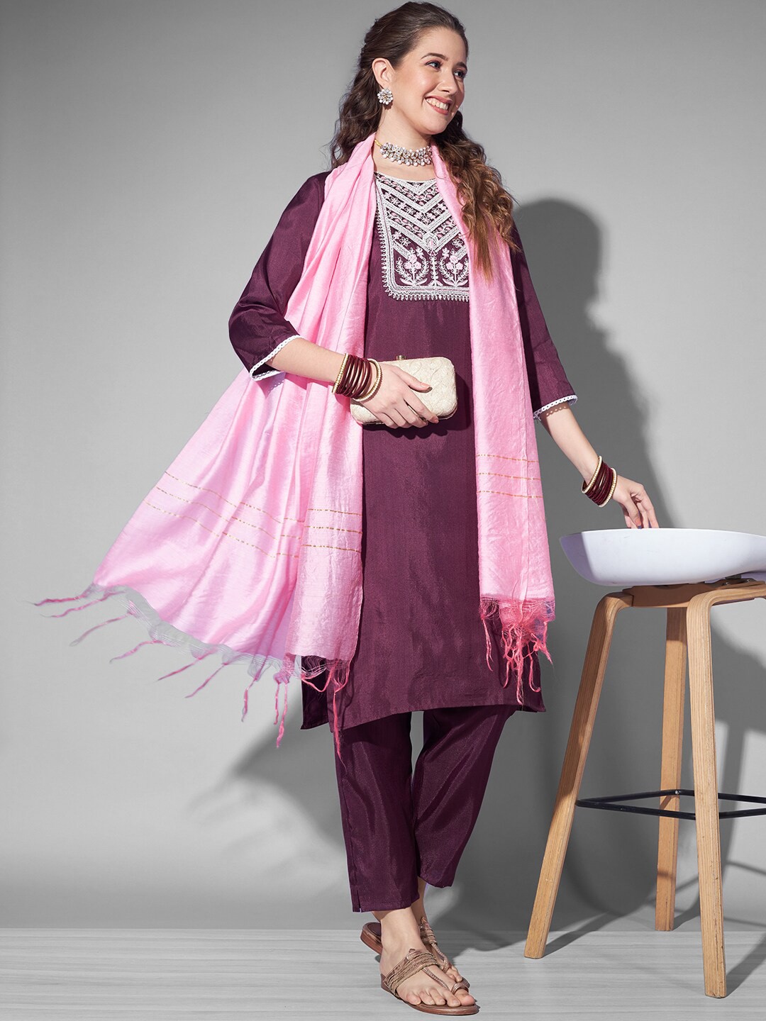 

Anouk Floral Yoke Design Thread Work Pure Silk Kurta with Trousers & With Dupatta, Burgundy