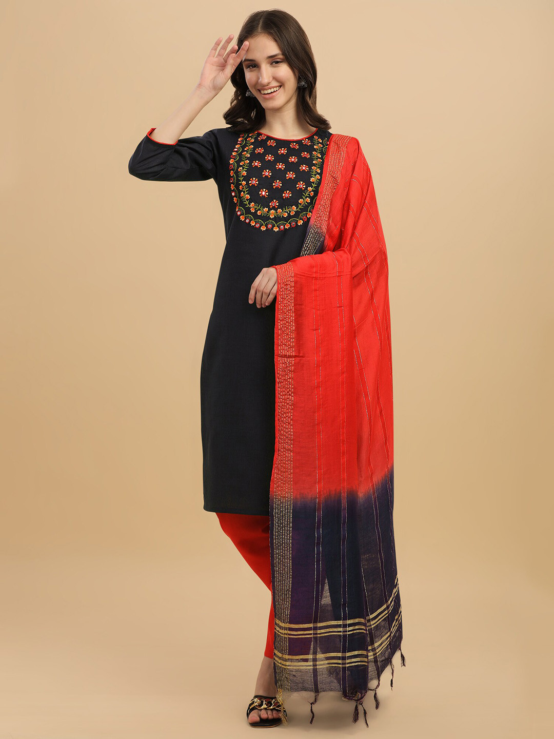 

Anouk Floral Yoke Design Mirror Work Kurta With Trousers & Dupatta, Navy blue