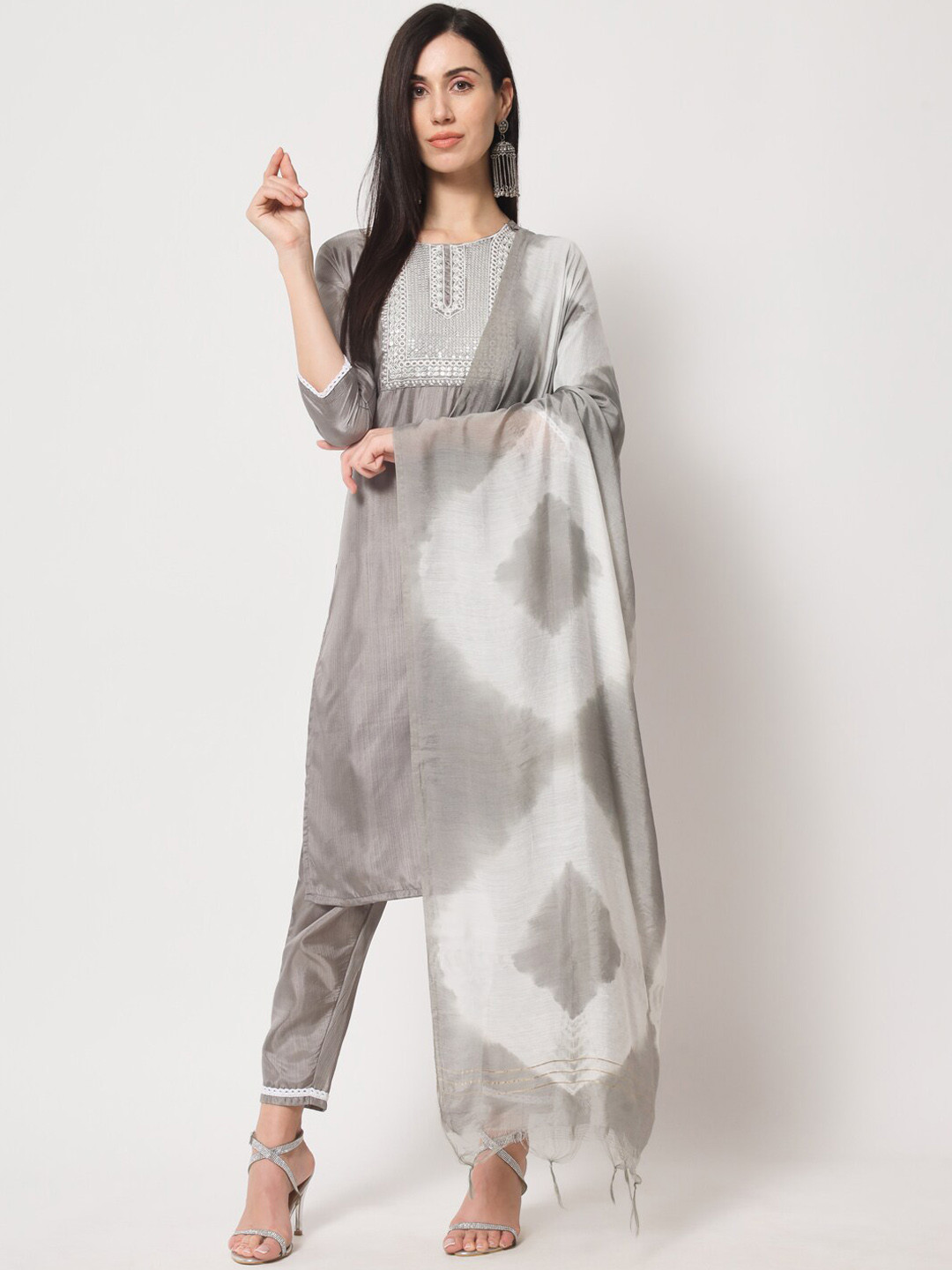 

Anouk Ethnic Motifs Yoke Design Thread Work Pure Silk Kurta With Trousers & Dupatta, Grey