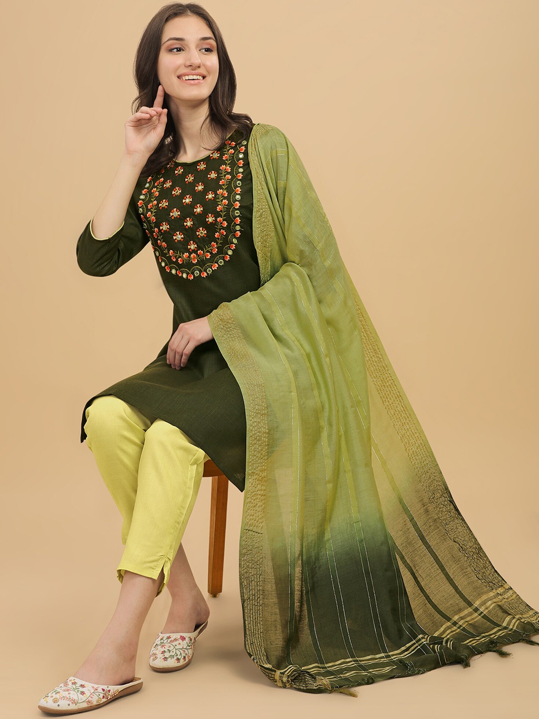 

Anouk Green Floral Yoke Design Thread Work Kurta with Trouser & Dupatta