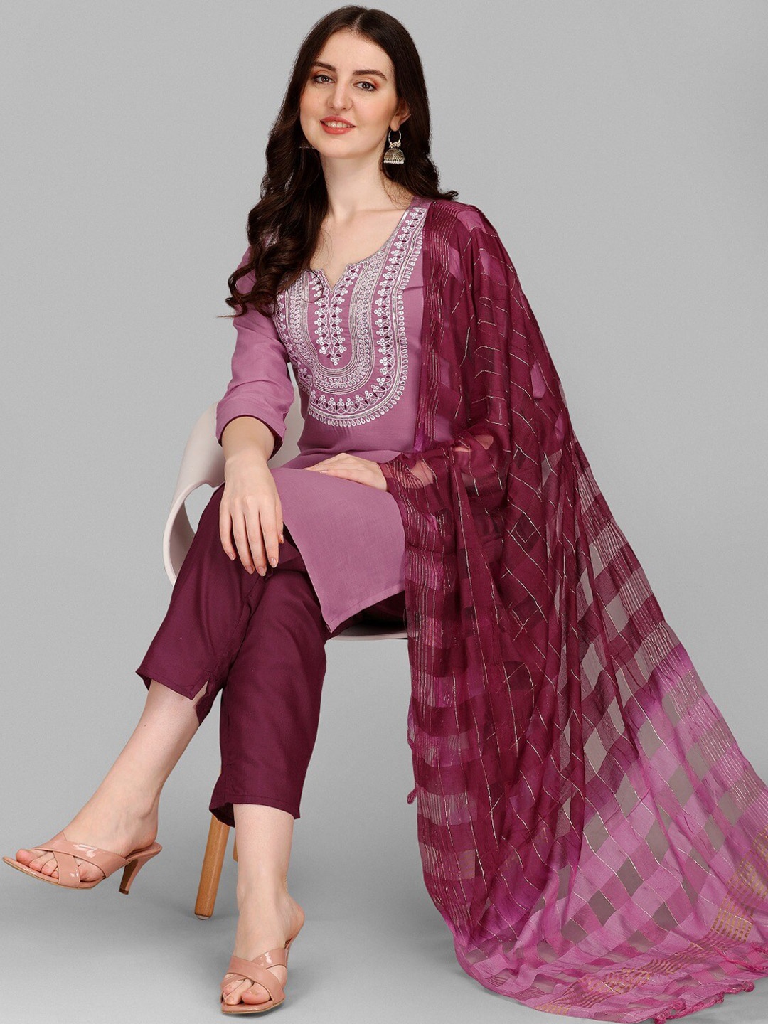 

Anouk Pink Ethnic Motifs Yoke Design Thread Work Kurta with Trouser & Dupatta