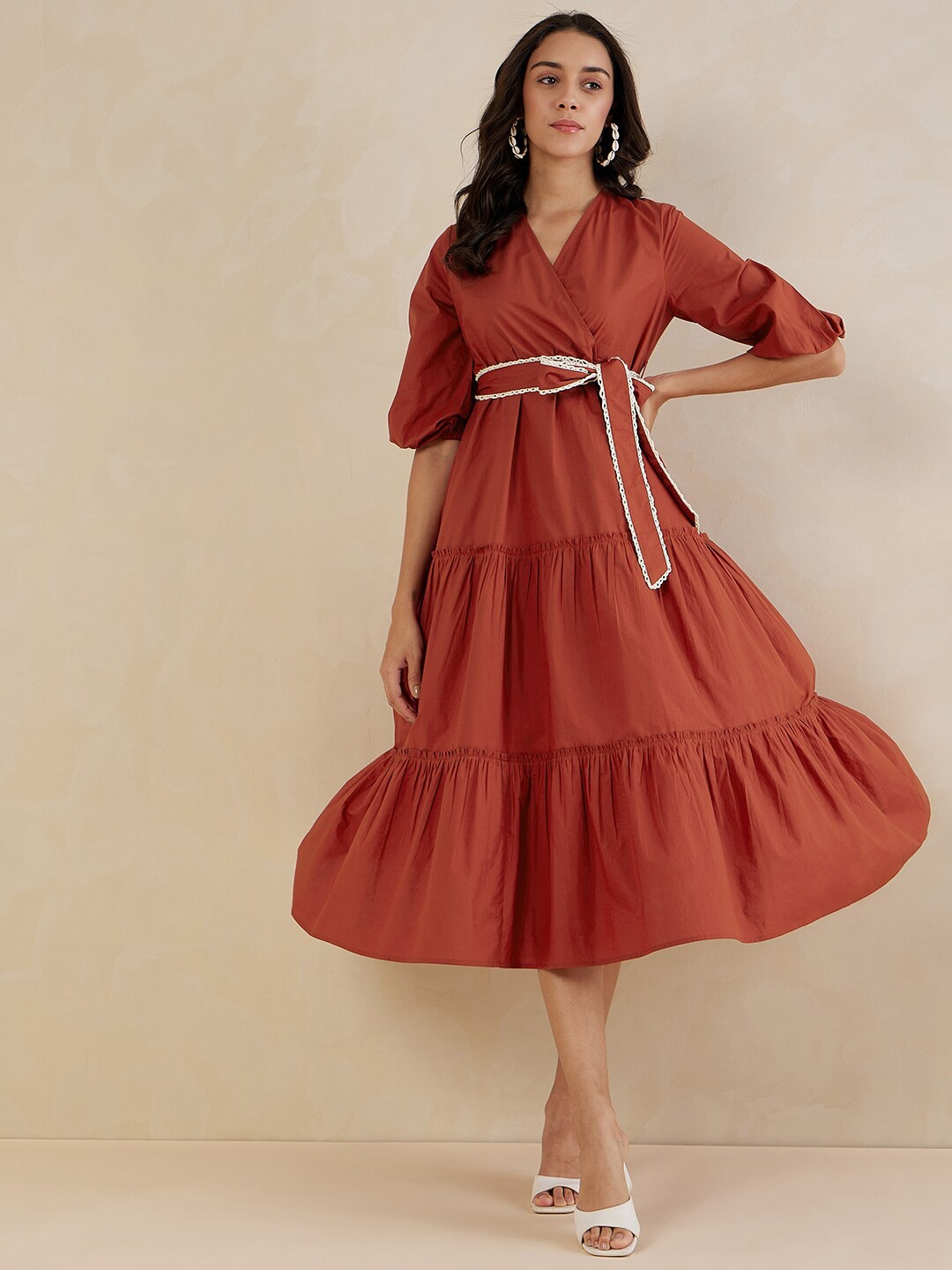 

Femella Tiered Pure Cotton A-Line Midi Dress, Rust