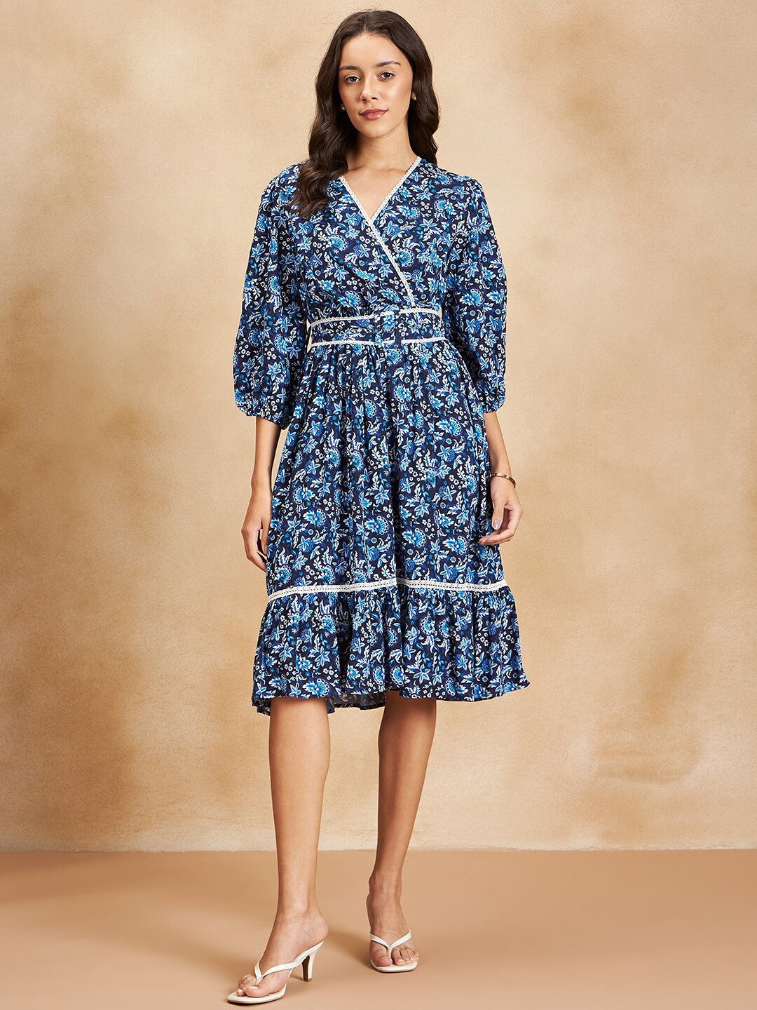 

Femella Floral Printed Puff Sleeve Fit & Flare Dress, Navy blue