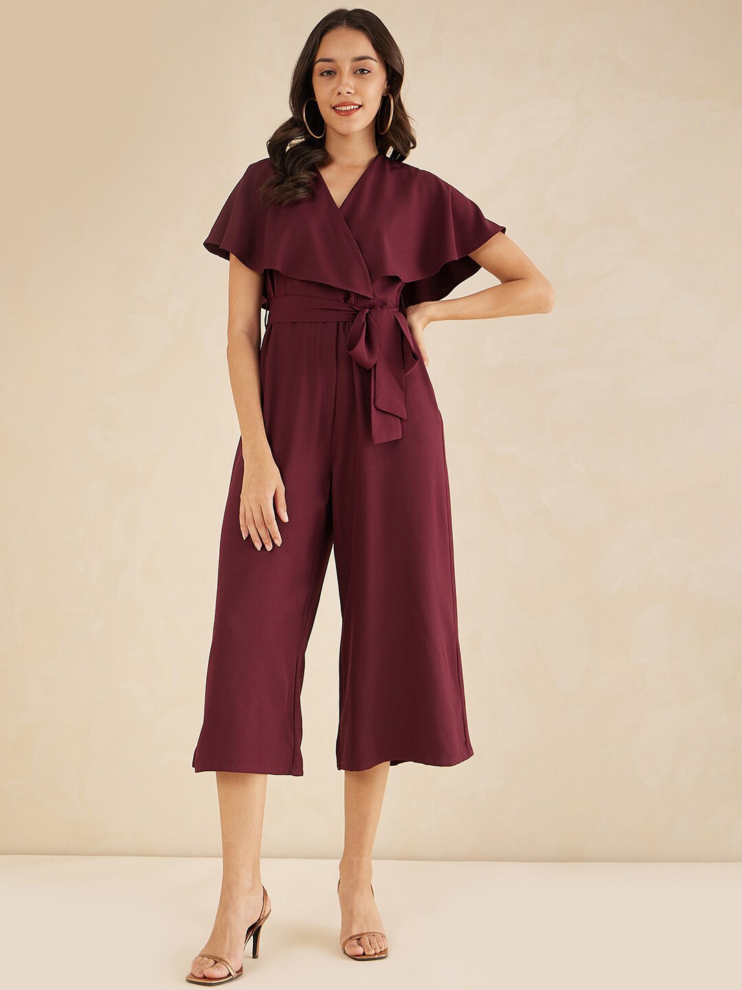 

Femella V-Neck Flared Sleeves Waist Tie-Ups Culotte Jumpsuit, Maroon
